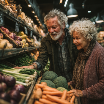 Възрастна двойка готви здравословна храна
